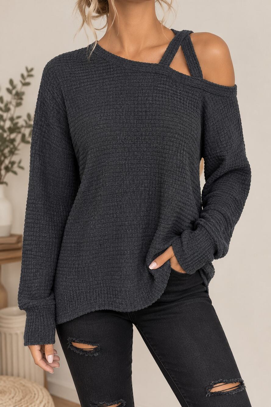 Black Waffle Knit Cold Shoulder Top Women's S Long Sleeve Cutout Sweater Cozy